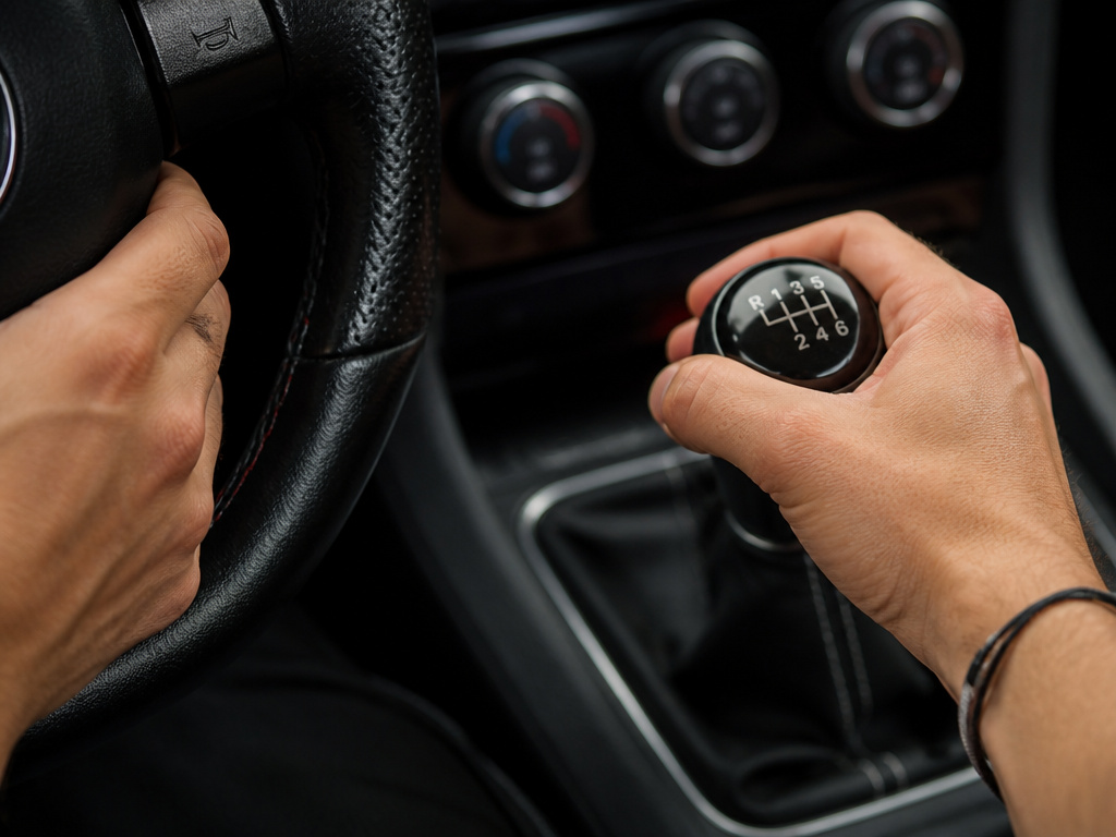 Close-up of a driver's hands shifting a manual transmission gear stick.