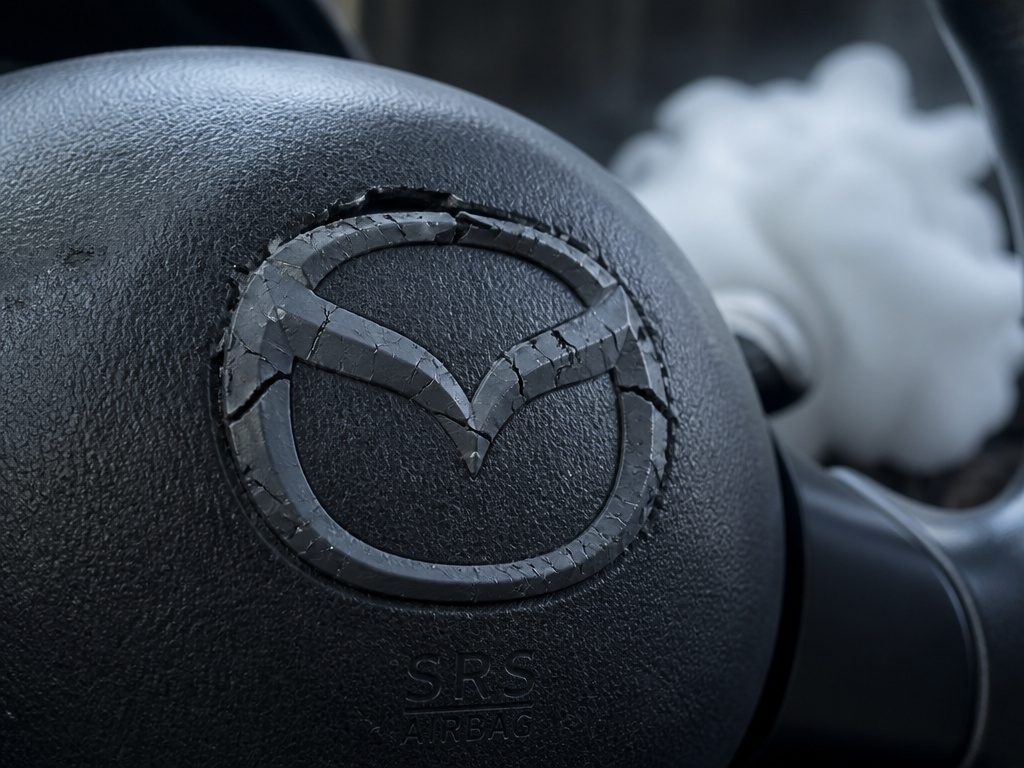 Close-up of a cracked Mazda logo on a steering wheel airbag cover.
