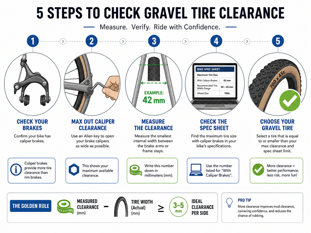 Five-step gravel tire compatibility checklist for a road bike