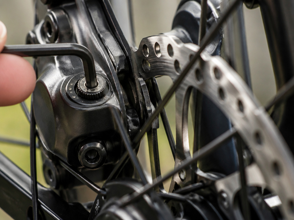Close-up of adjusting static pad on a mechanical bicycle disc brake caliper.