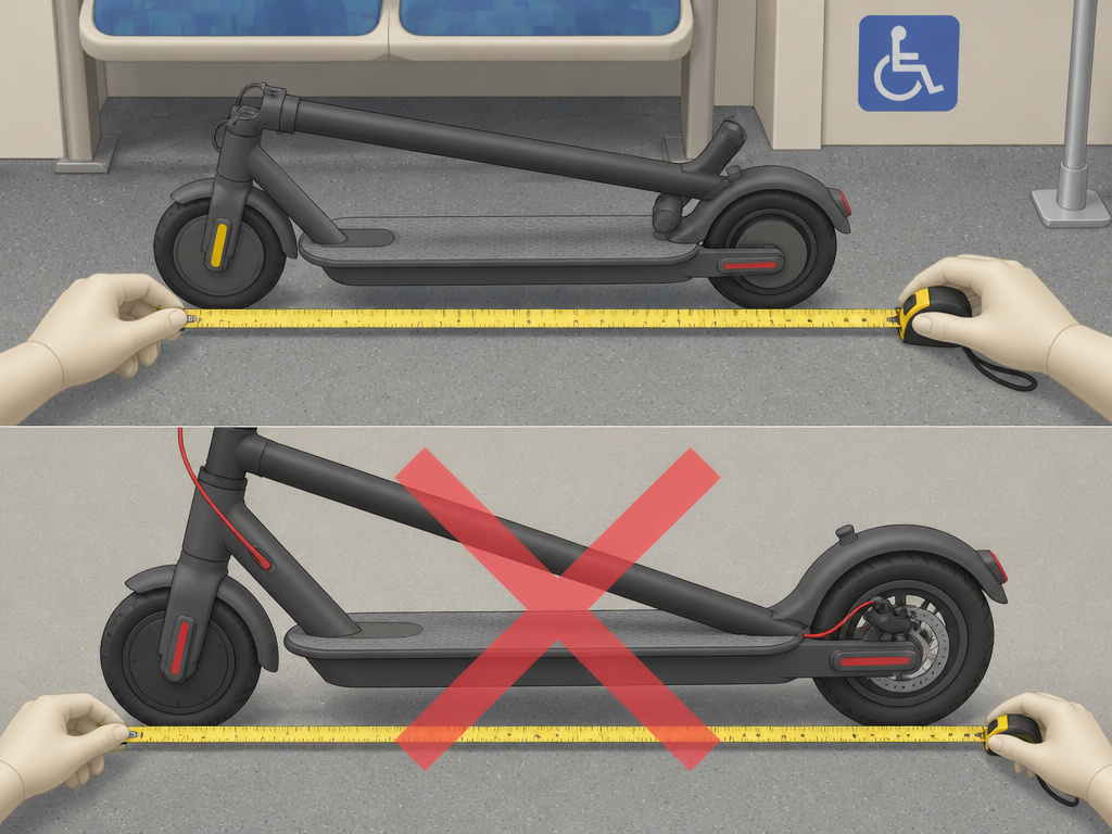 Measuring an electric scooter against transit size limits on a bus interior.