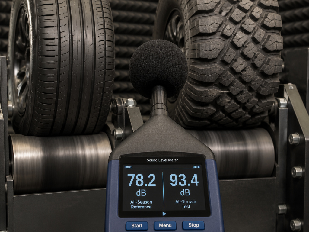 Close-up comparison of highway tire and noisy all-terrain tire on a sound meter.