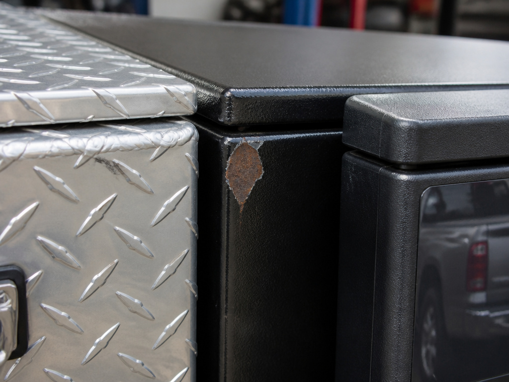 Close-up comparison of aluminum, steel, and polymer truck toolbox materials.
