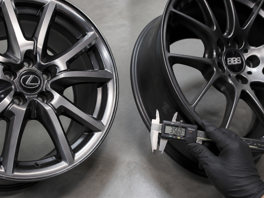 Comparison of OEM Lexus F Sport wheel versus aftermarket performance wheel.