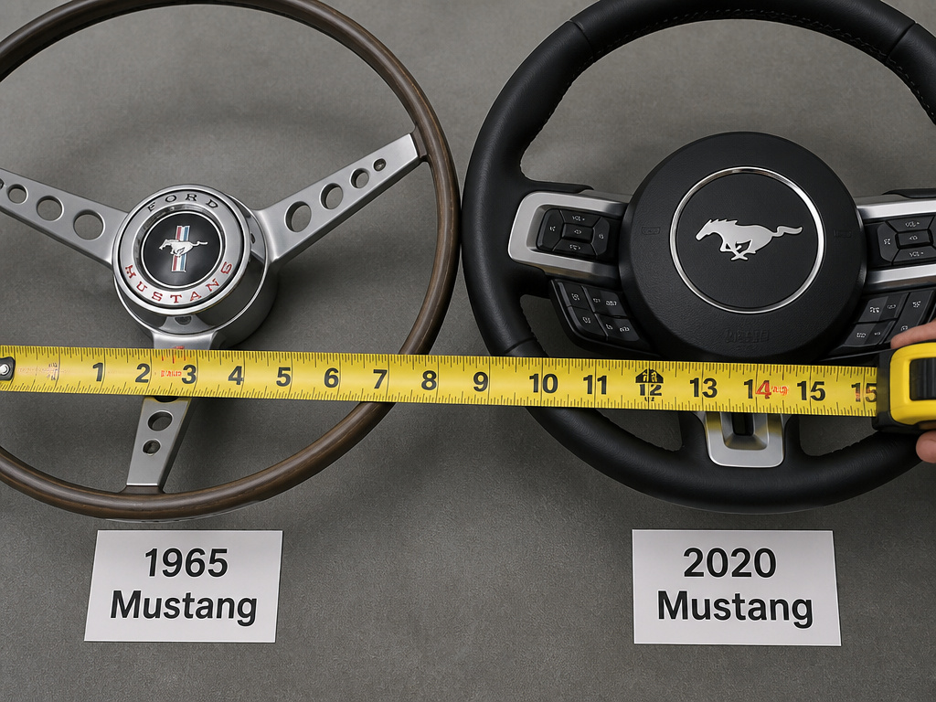 Comparison of classic Ford Mustang and modern Mustang steering wheel sizes.