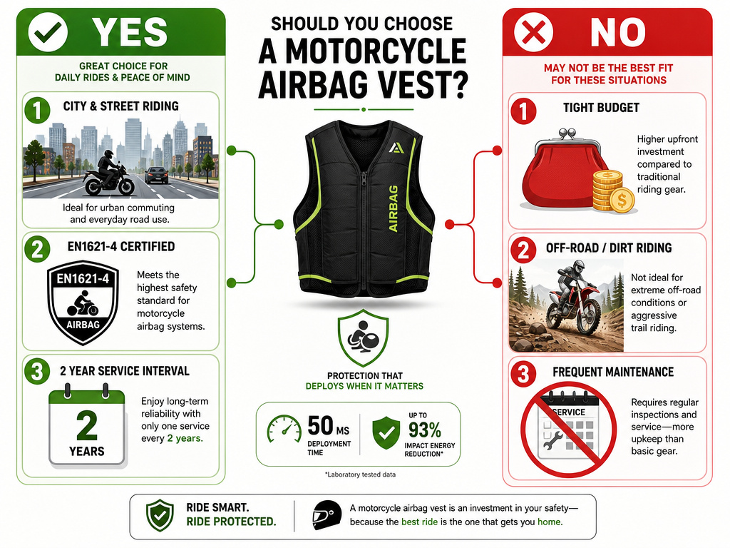 Decision matrix flowchart for purchasing a motorcycle airbag vest