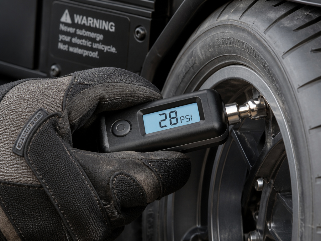 Checking tire pressure on an electric unicycle for safety and maintenance.