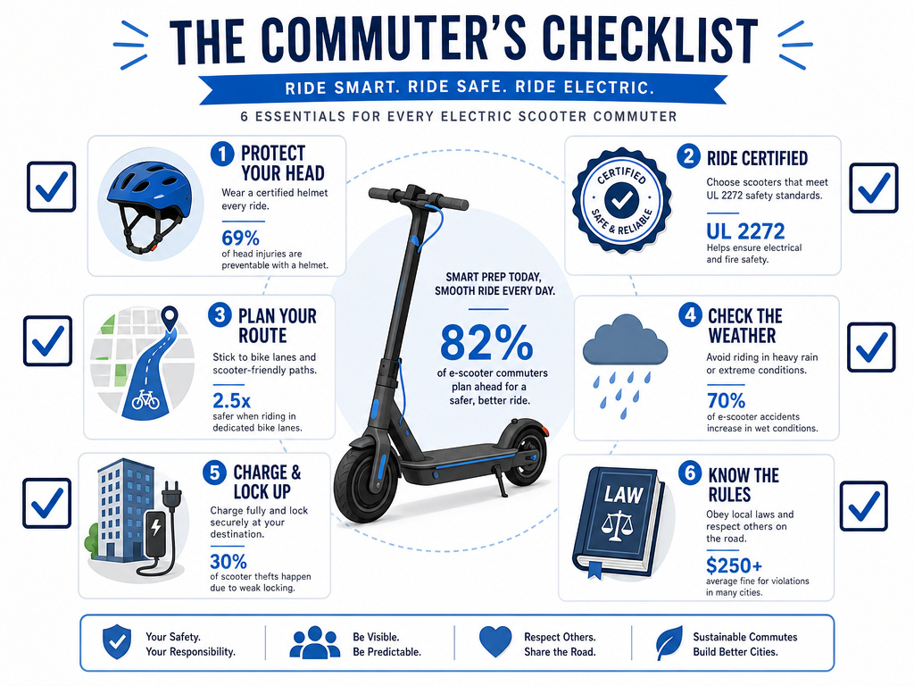 Electric scooter safety checklist infographic for commuters with six essential items.