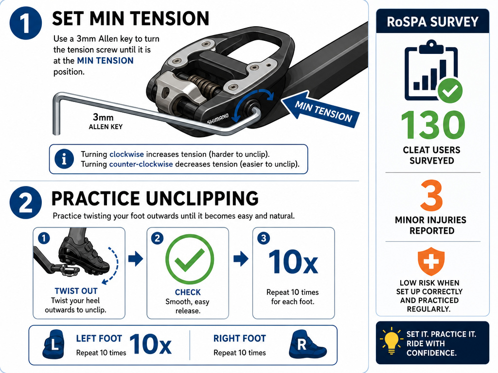 Infographic on clipless pedal safety: adjusting release tension and practicing emergency unclipping.