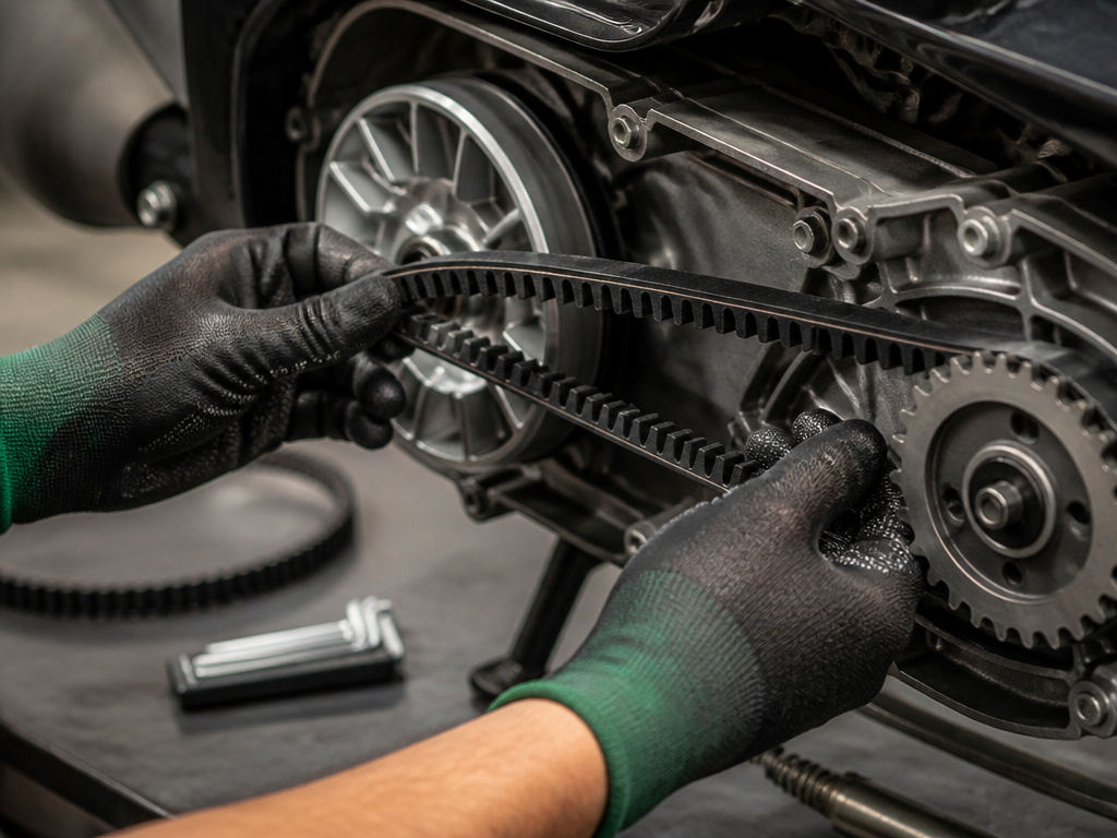 Close-up of hands checking tension on a black scooter drive belt and pulley.
