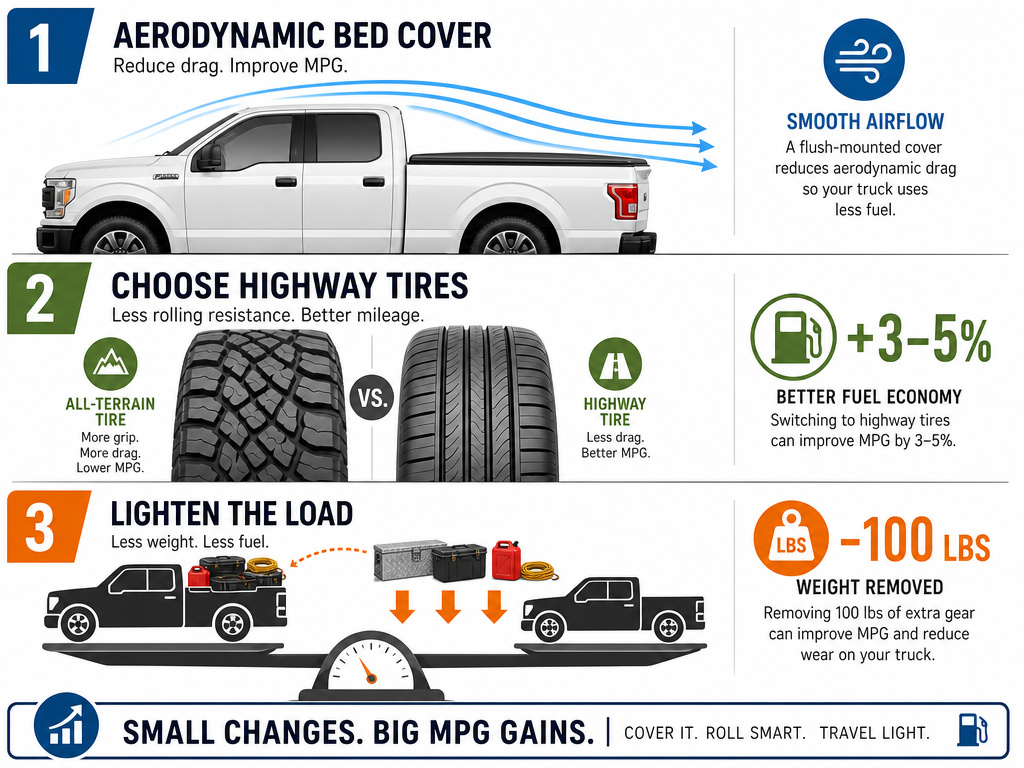 Infographic on aerodynamic tonneau covers, low-resistance tires, and reducing weight for truck fuel economy.