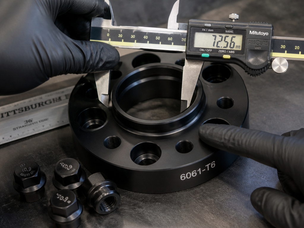 Close-up inspection of a 1-inch wheel spacer's hub bore and material marking.