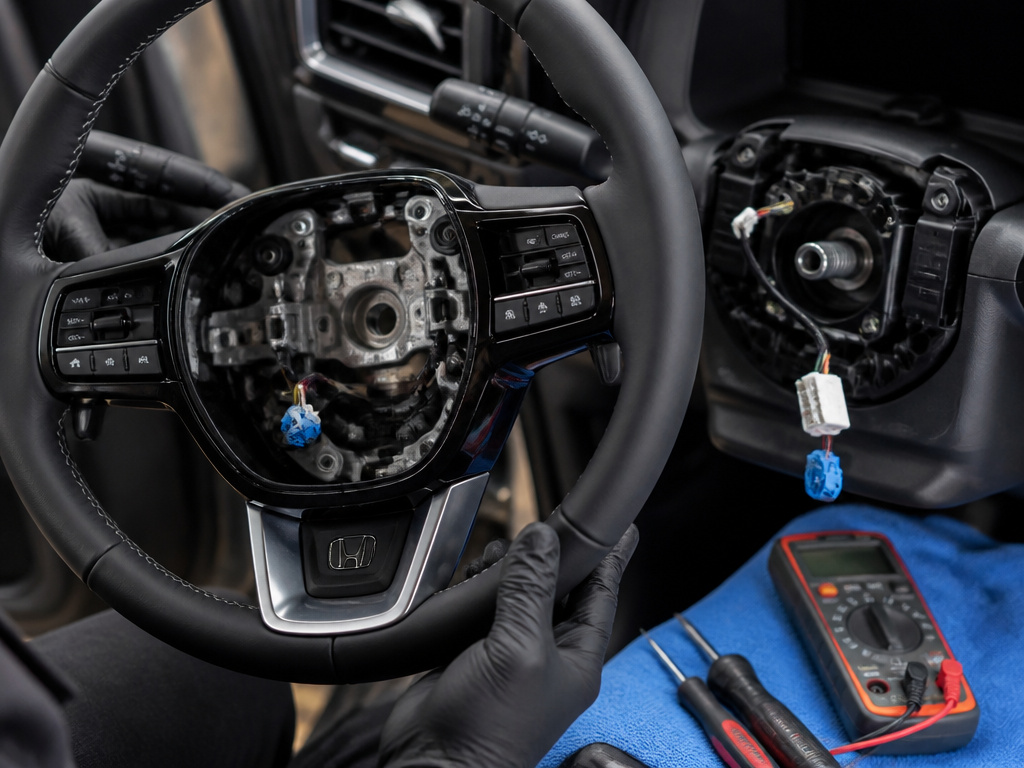 Retrofitting a heated steering wheel to a Honda CR-V, showing parts and wiring.