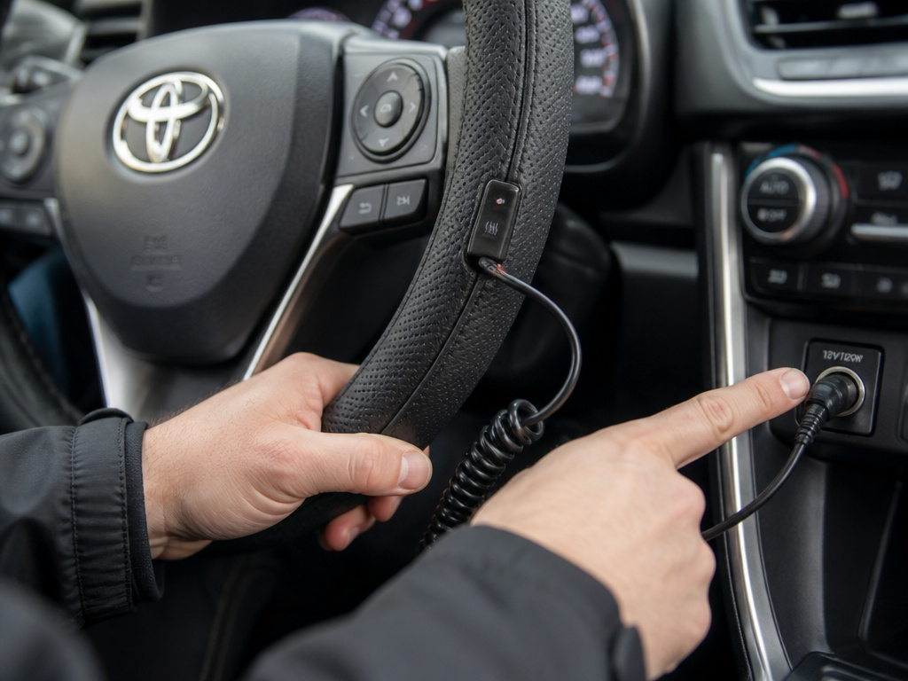 Aftermarket heated steering wheel cover installed on a Toyota RAV4 steering wheel.