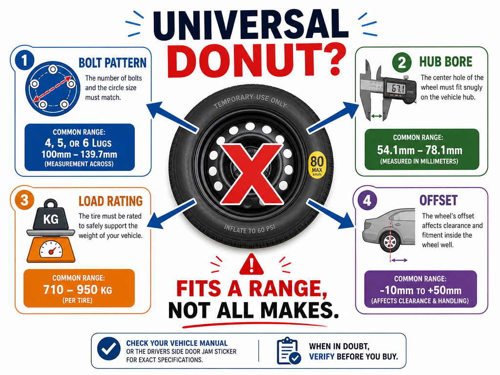 Infographic explaining why a universal donut spare tire does not exist.