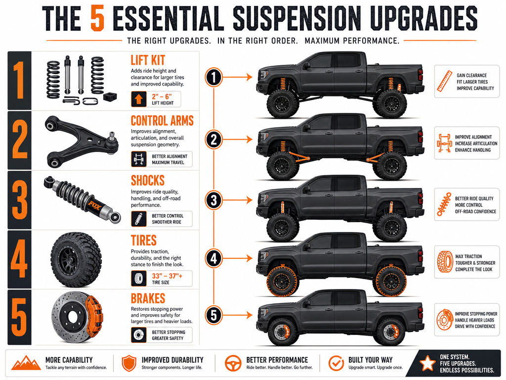 Hierarchy of necessary upgrades for a lifted truck's safety and performance.