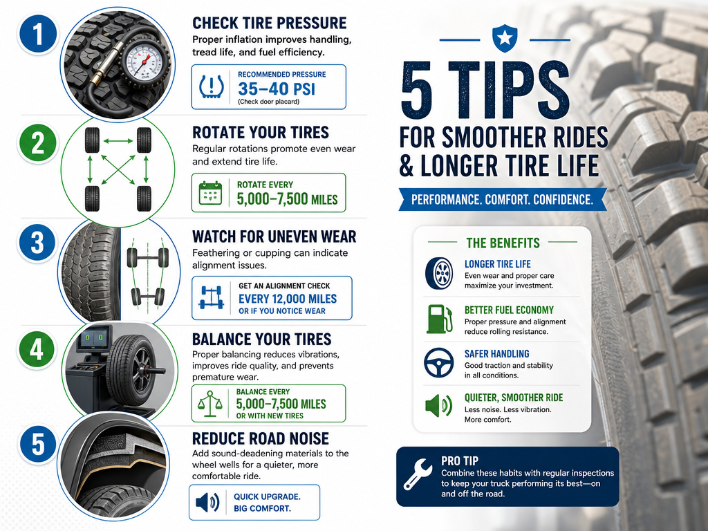 Five practical tips graphic for reducing all-terrain tire road noise.