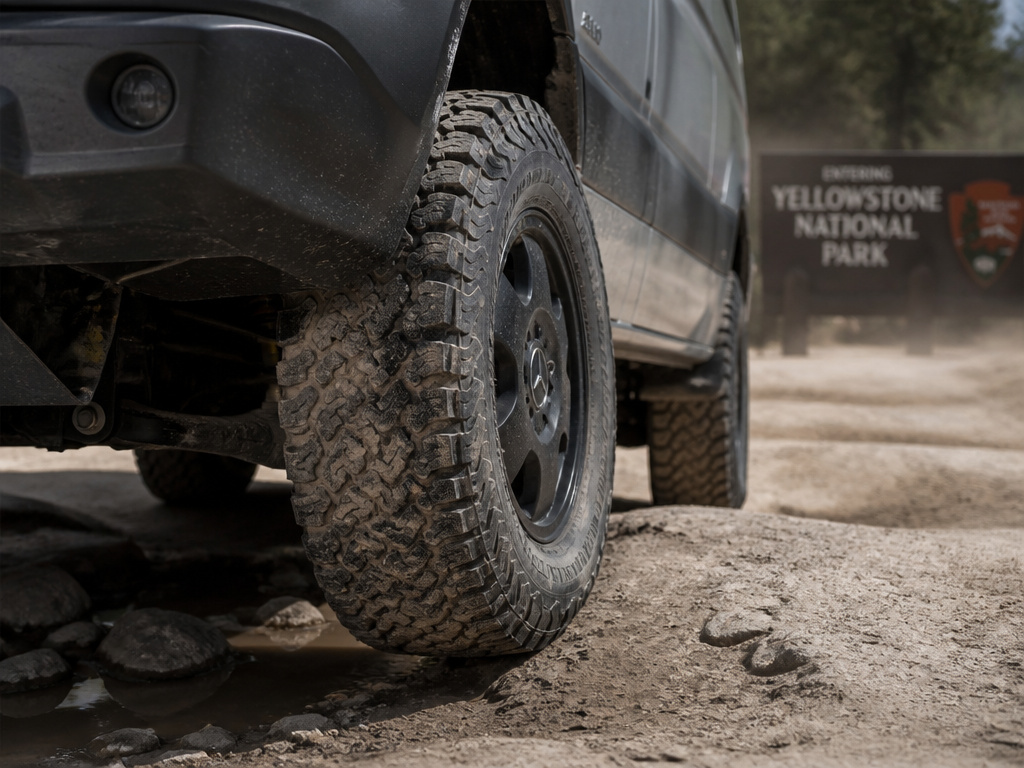 RV chassis and all-terrain tire on a rough road to a National Park.