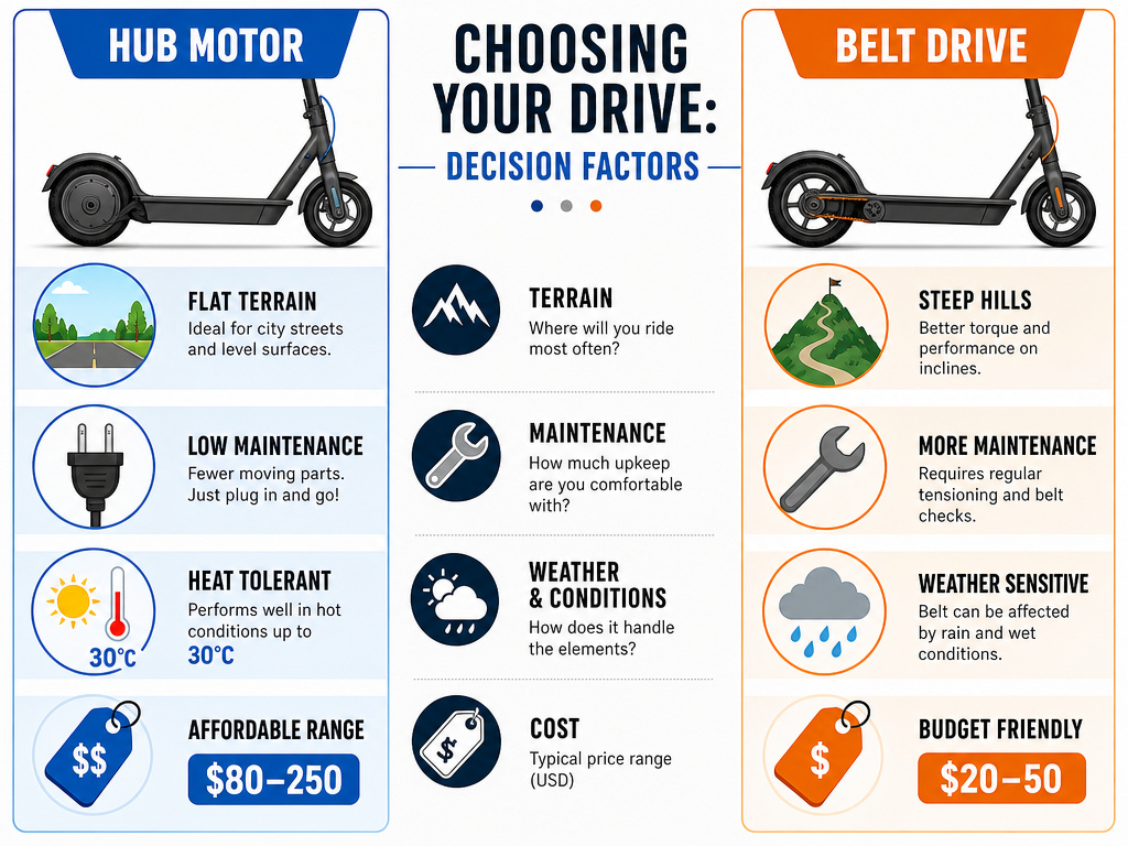 Infographic comparing hub motor vs belt drive scooter factors: terrain, maintenance, climate, cost.