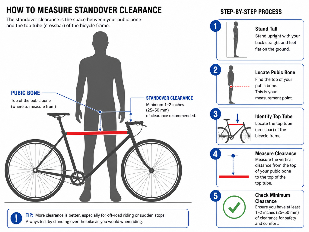 Diagram showing proper standover clearance on a bike with a horizontal crossbar.