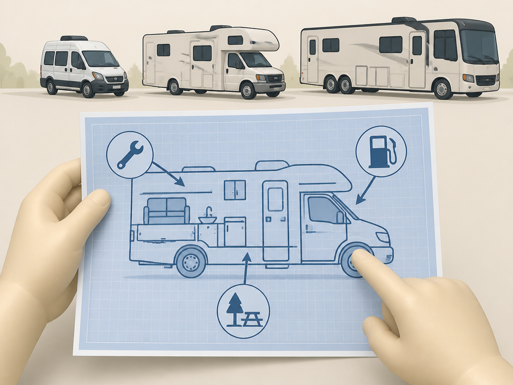 RV cost factors diagram comparing motorhome classes for full-time living