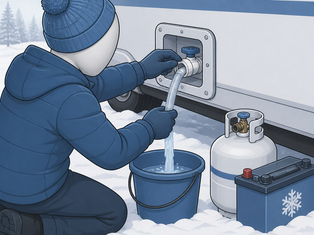 Winter boondocking preparation showing water system drain and cold-weather gear.