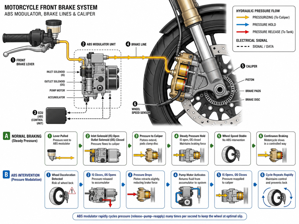 Diagram of a motorcycle ABS brake modulator and hydraulic system components.