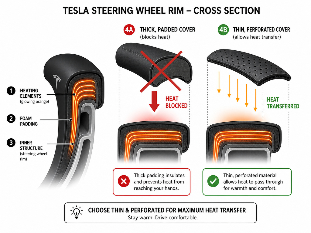 Diagram showing how steering wheel cover thickness affects heated wheel performance.