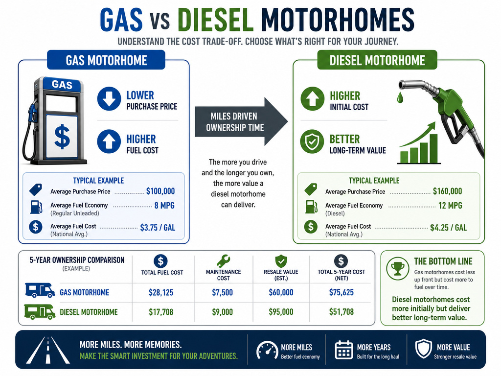 Infographic comparing total ownership costs of diesel versus gas motorhomes.