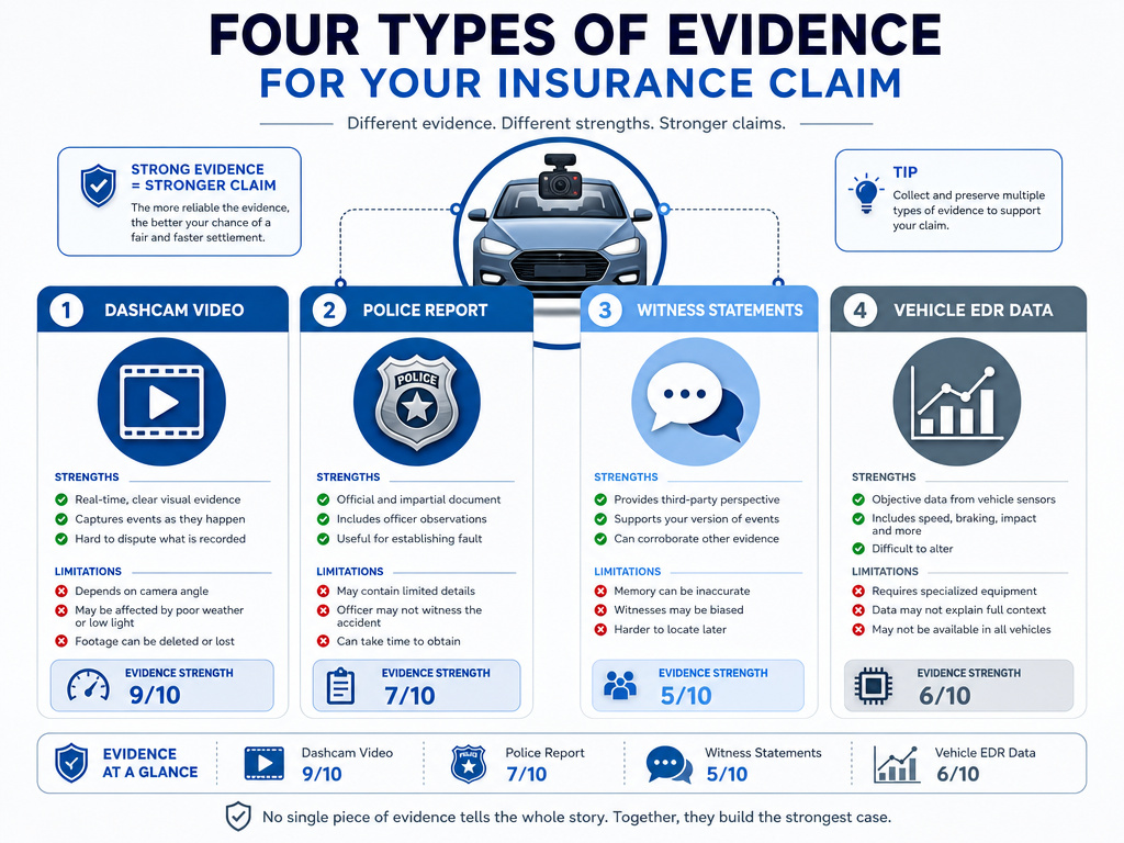 Comparison chart of dashcam video versus other car accident evidence types.