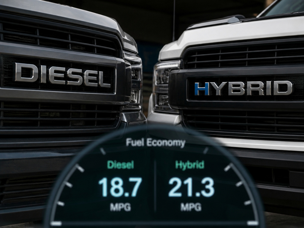 Diesel versus hybrid full-size truck grilles with a comparative MPG display.