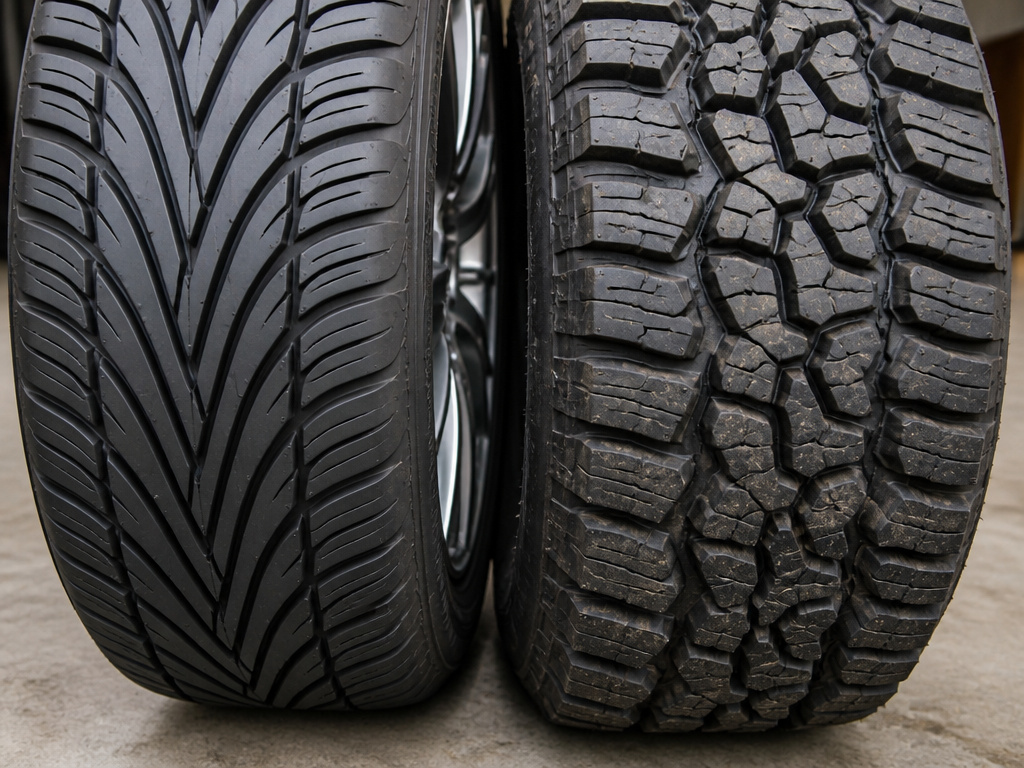 Directional tire vs all-terrain tire tread pattern comparison for a pickup truck.