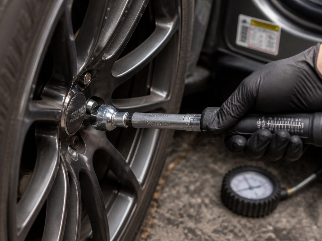 DIY tire rotation tools, torque wrench and tire gauge in use
