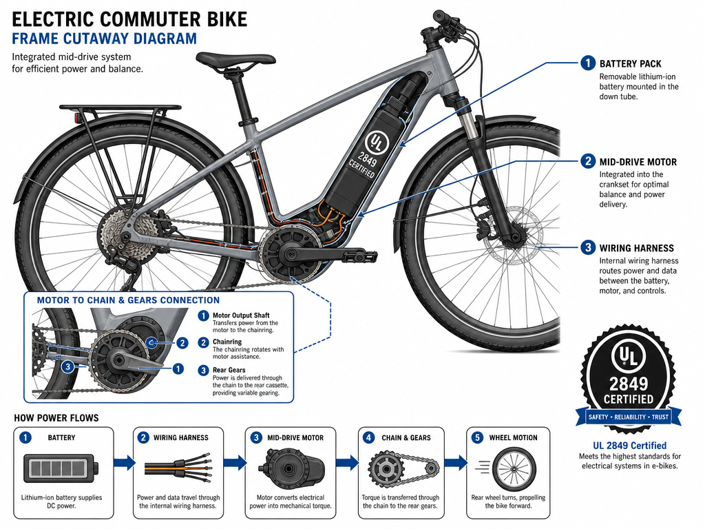 Diagram of a UL 2849 certified e-bike motor and battery system for commuting
