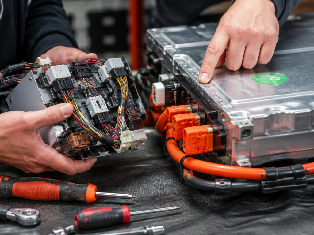 Close-up comparison of hybrid and electric SUV battery systems and wiring.