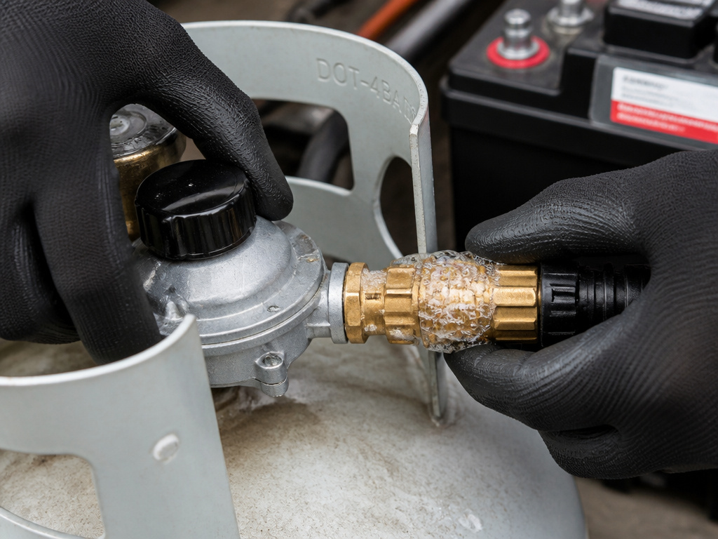 Close-up of soap bubble test for RV propane leak and clean battery terminals.