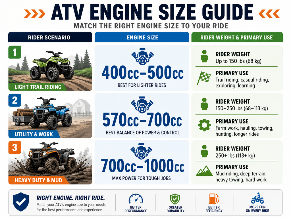 Infographic matching adult ATV engine size to rider weight and intended use.