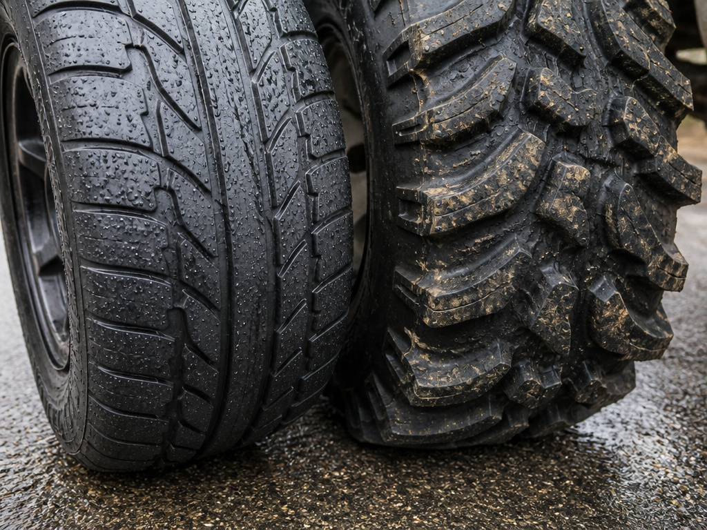 DOT-approved ATV tire versus mud tire tread comparison on wet pavement.