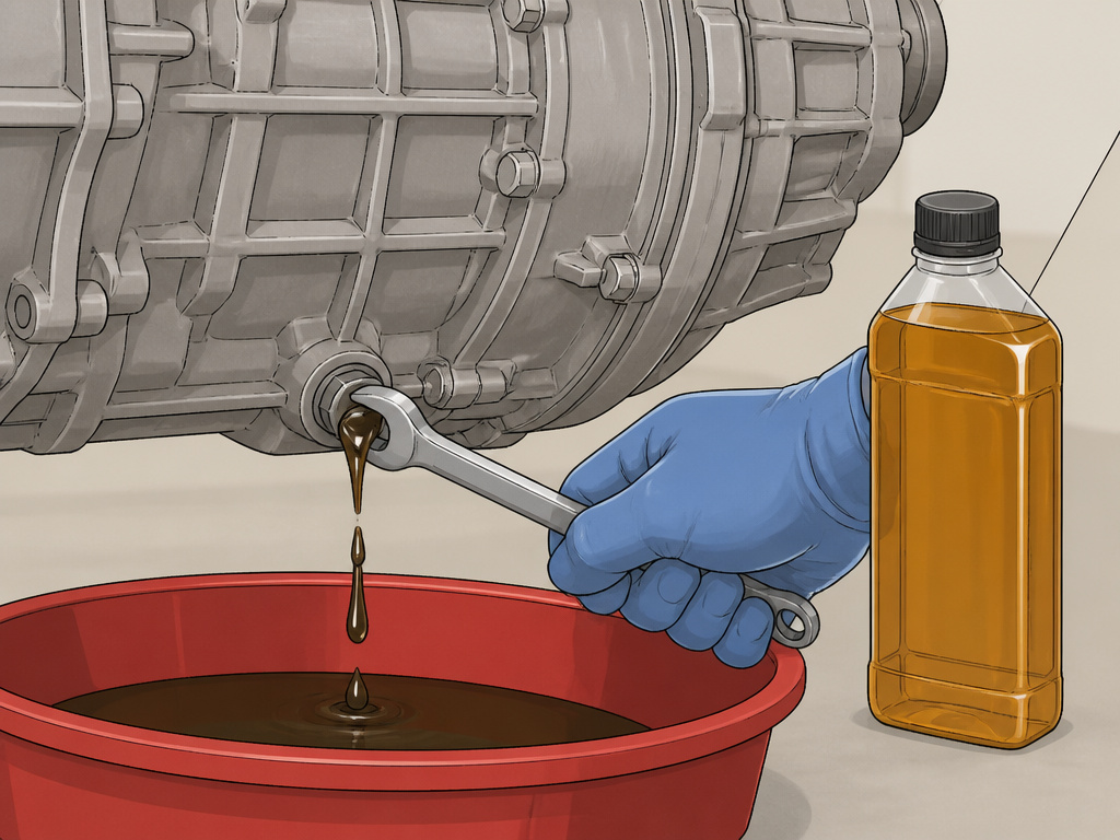 Cartoon illustration of draining old gear oil from a manual transmission during maintenance.