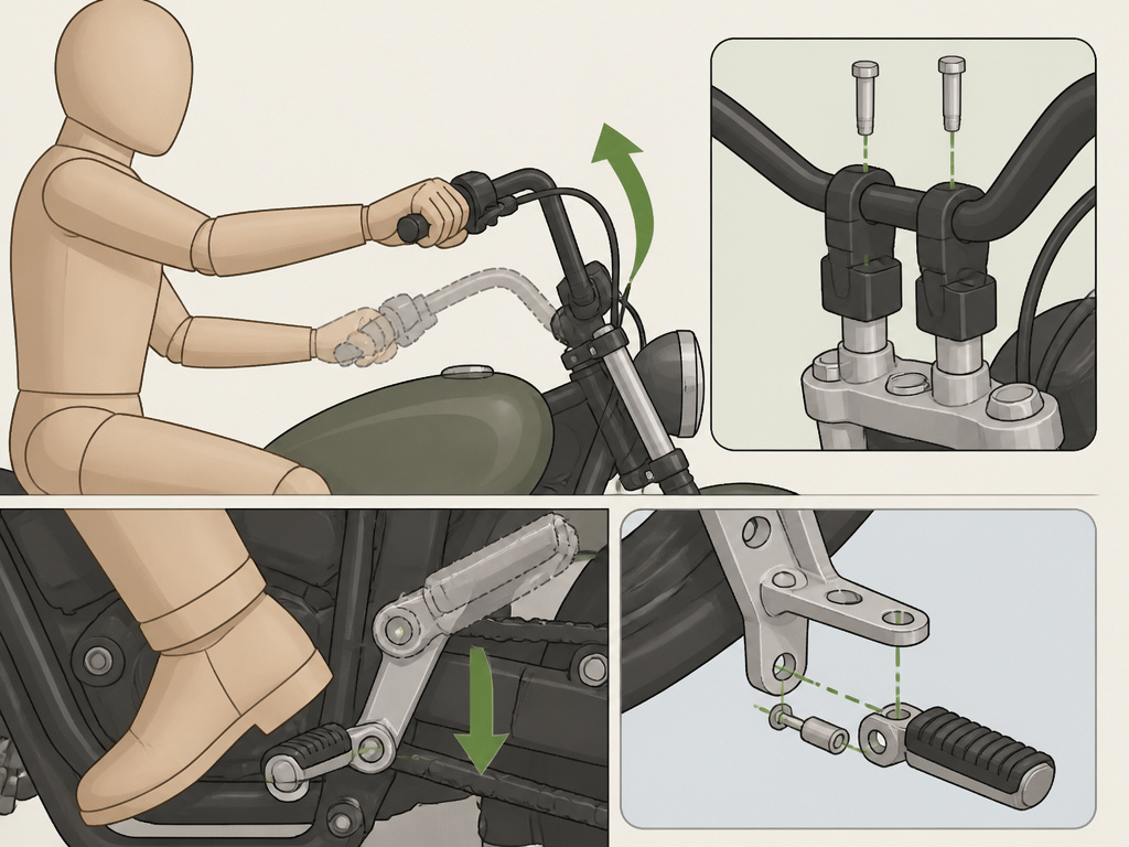 Diagram showing handlebar riser and footpeg modifications for tall motorcycle riders.