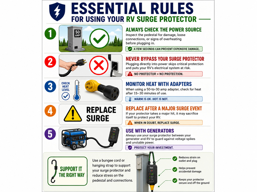 Infographic of five essential rules for using an RV electrical surge protector.