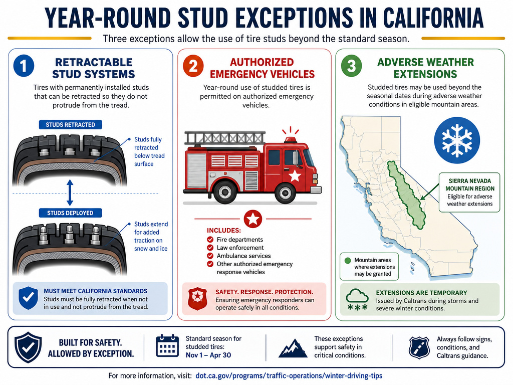 Three legal exceptions for using studded tires year-round in California.