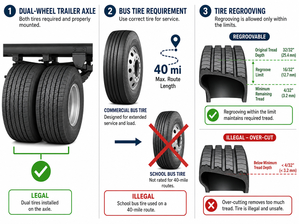 Legal exemptions for bald tires on dual-wheel trailers, buses, and regrooved tires.
