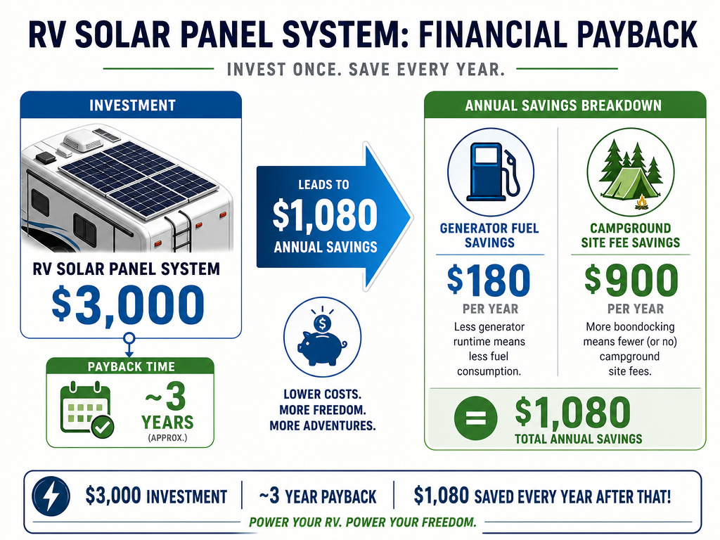 Infographic calculating RV solar panel payback period and annual savings.