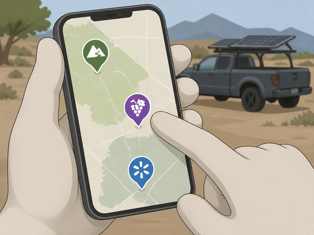 Smartphone map app showing dry camping spots like BLM land and retail parking.