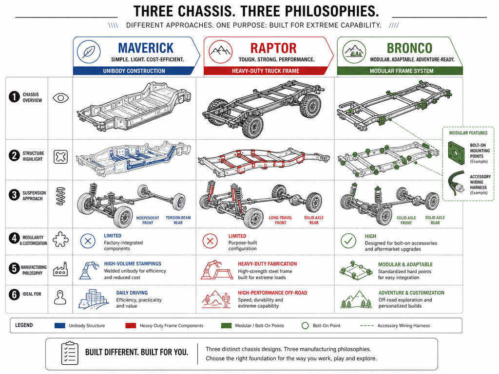Diagram comparing Ford Maverick, Raptor, and Bronco manufacturing chassis philosophies.