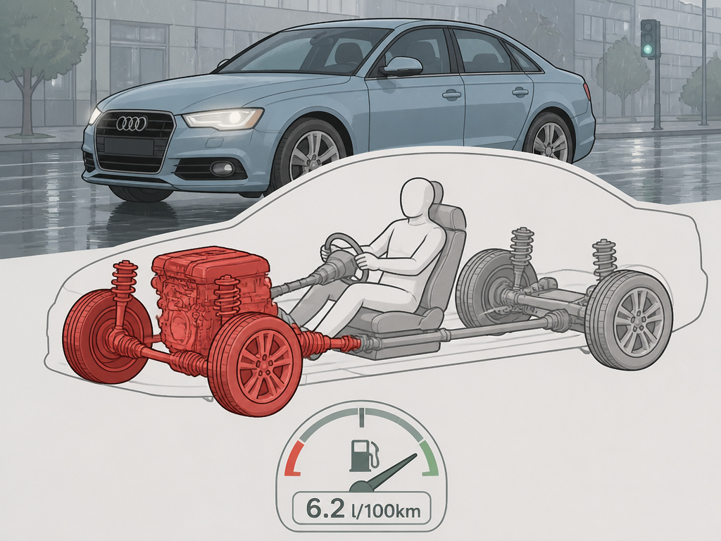 Front-wheel drive Audi A4 diagram highlighting powertrain efficiency and urban driving suitability.
