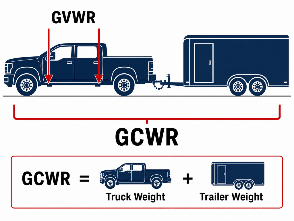 Diagram explaining the relationship between GVWR and GCWR for truck towing limits.