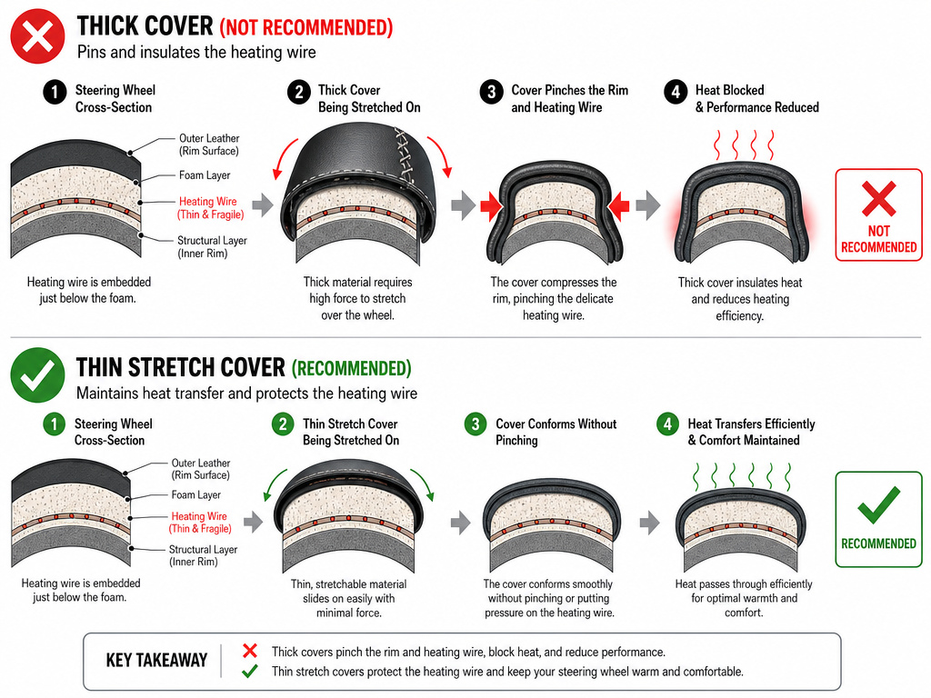 Diagram of heated steering wheel damage from incompatible aftermarket covers.