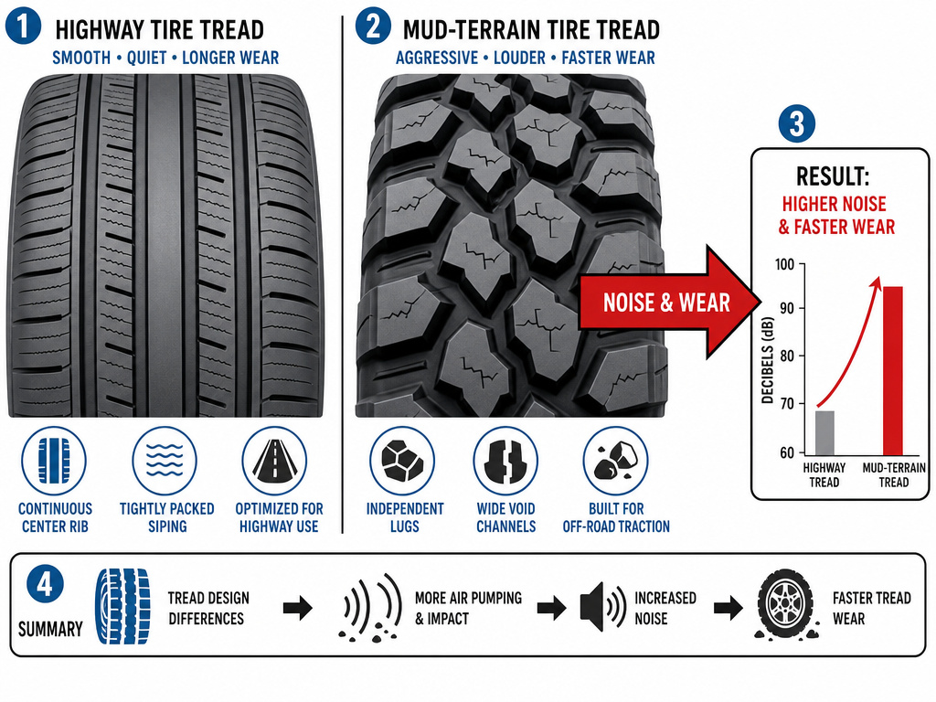 Diagram comparing highway tire tread versus aggressive off-road tread patterns.